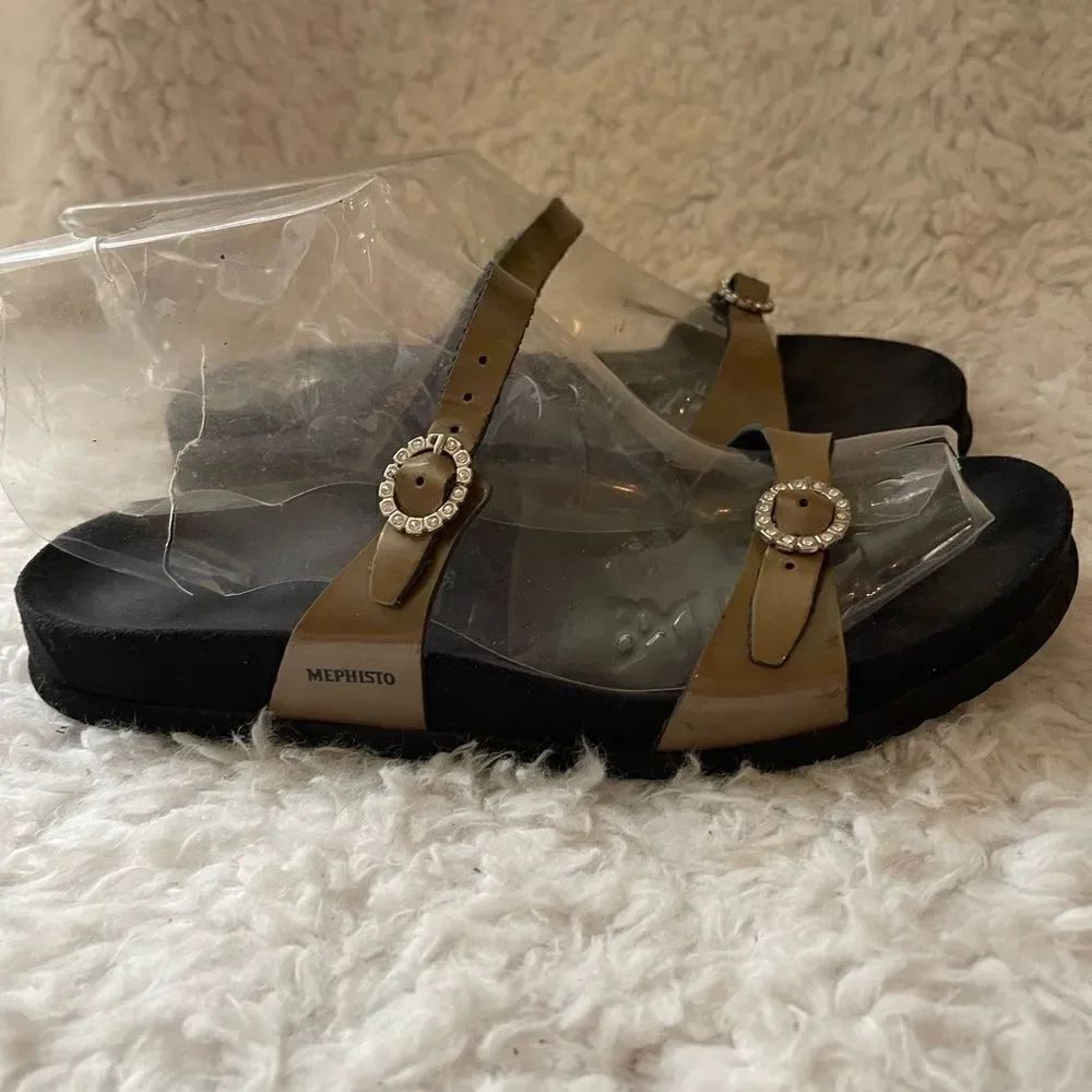 Mephisto patent Brown straps slip on sandals with rhinestones side buckl…